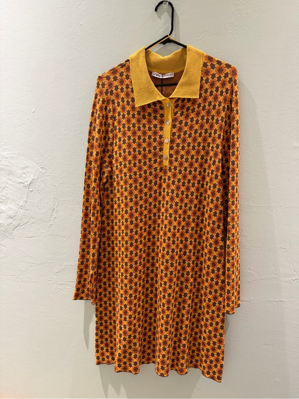 Zara Mustard & Brown Long-Sleeve Collared Knit Dress